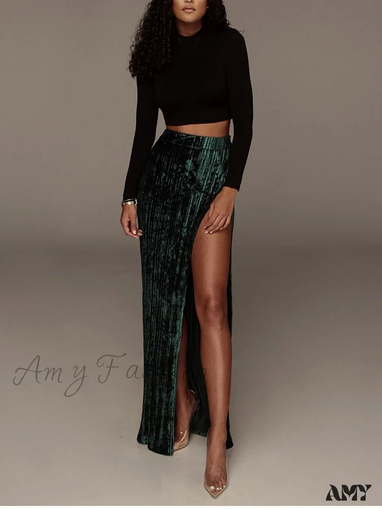 Velour Side Split Solid Color A Line High Waist Skirt - Image 23