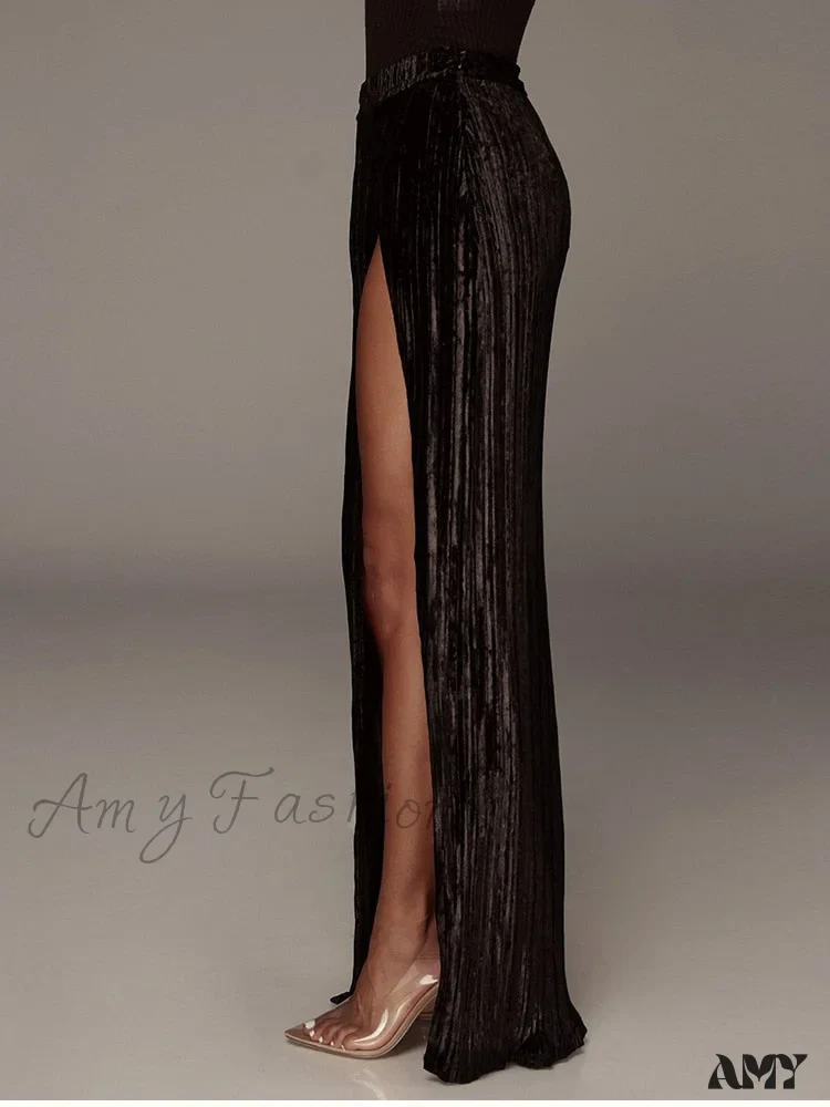 Velour Side Split Solid Color A Line High Waist Skirt - Image 27