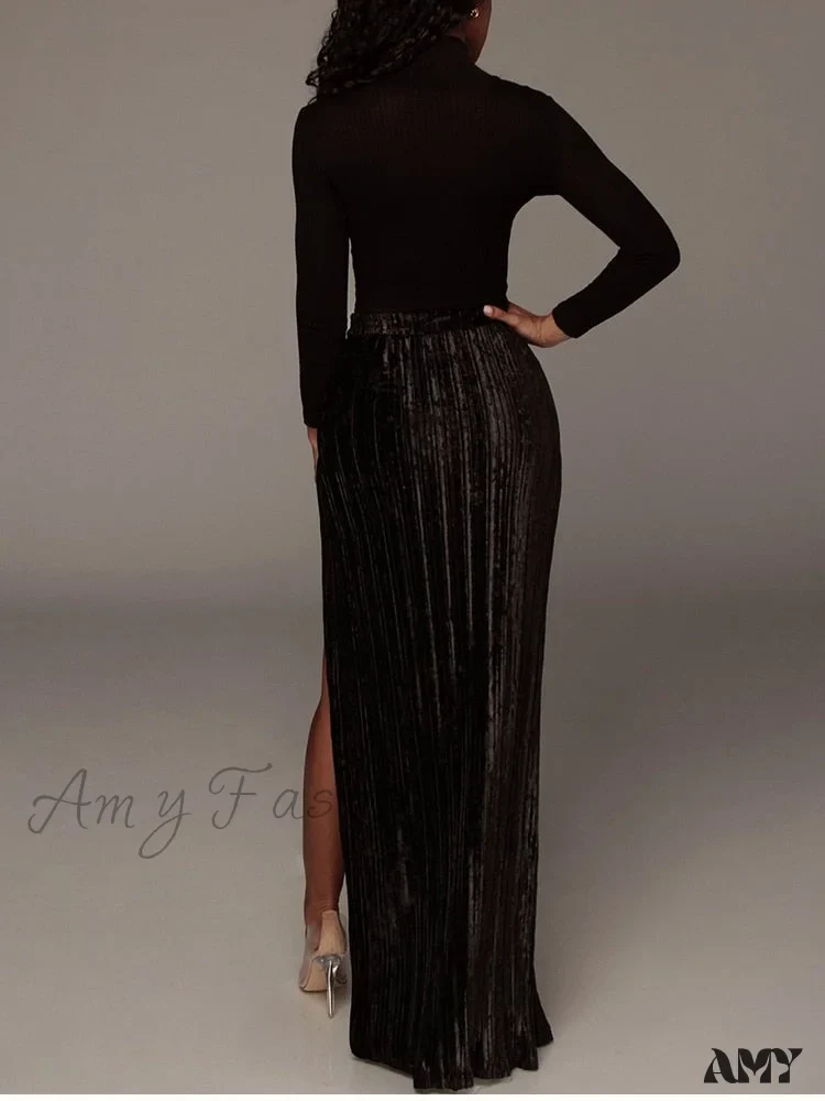 Velour Side Split Solid Color A Line High Waist Skirt - Image 30