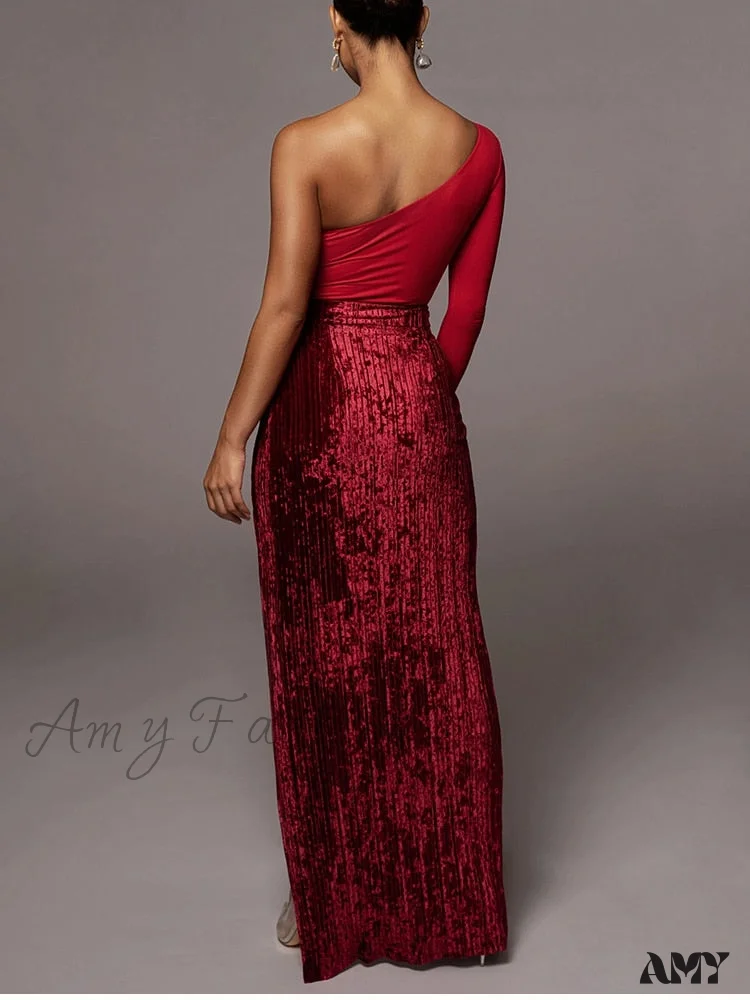 Velour Side Split Solid Color A Line High Waist Skirt - Image 5