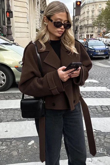 Notch Collar Double-Breasted Wool Blend Chic Trench Coat - Image 2