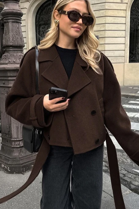 Notch Collar Double-Breasted Wool Blend Chic Trench Coat - Image 3