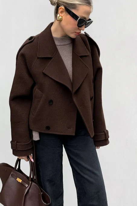 Notch Collar Double-Breasted Wool Blend Chic Trench Coat - Image 4