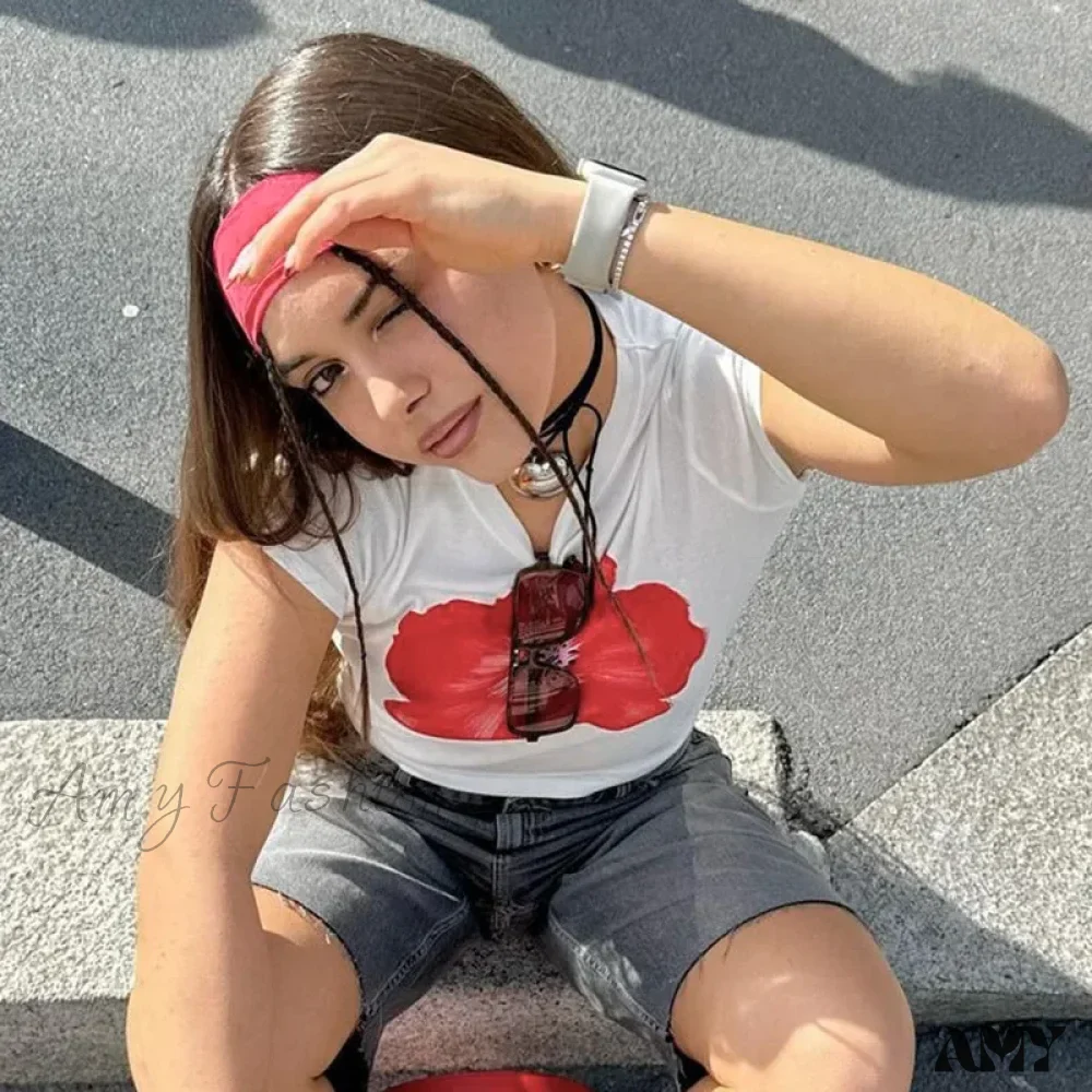 O-Neck Summer New Fashion Streetwear Print White Short Sleeve Sexy Casual Crop Top - Image 3