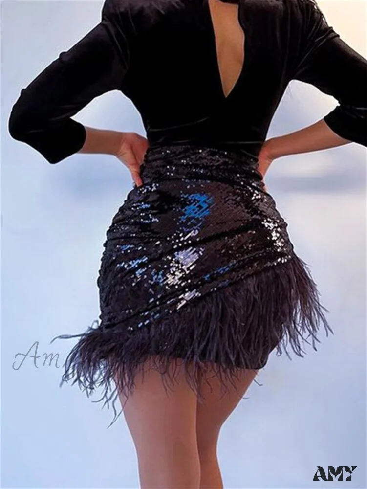 Amy Fashion - Glitter Women Sequin Feather Tassel Mini Skirt - Image 3