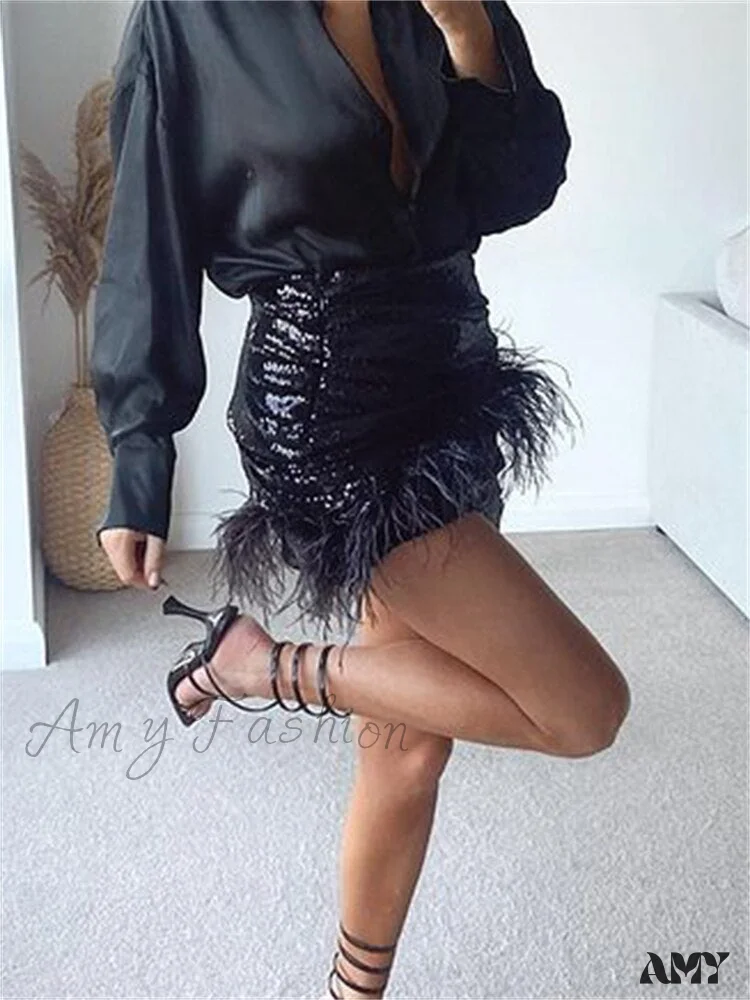 Amy Fashion - Glitter Women Sequin Feather Tassel Mini Skirt - Image 5