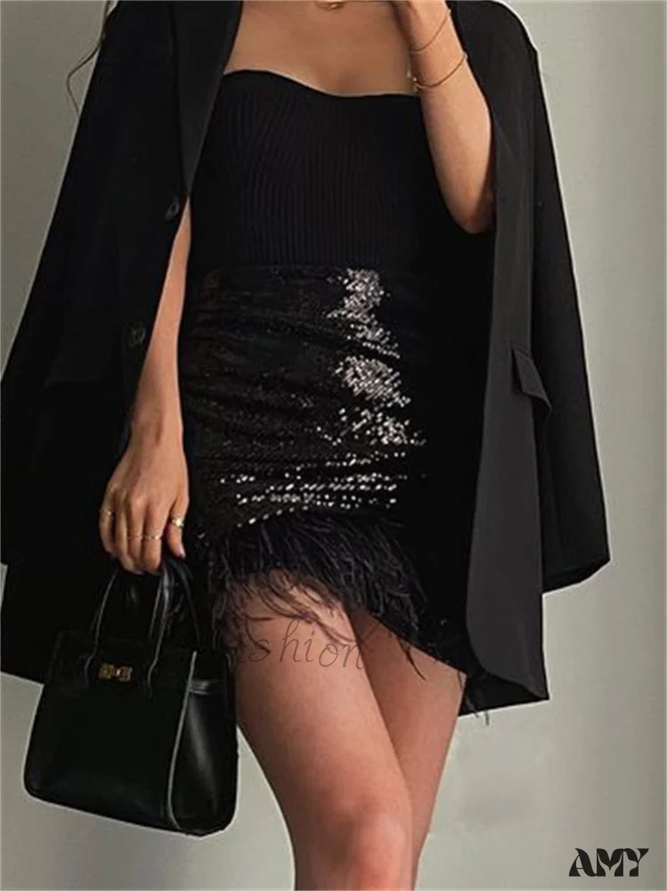 Amy Fashion - Glitter Women Sequin Feather Tassel Mini Skirt - Image 6