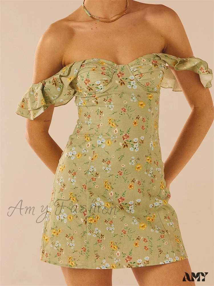 Amy Fashion - Off Shoulder Casual Sleeveless Floral Print Ruffle Trim Mini Dress - Image 3