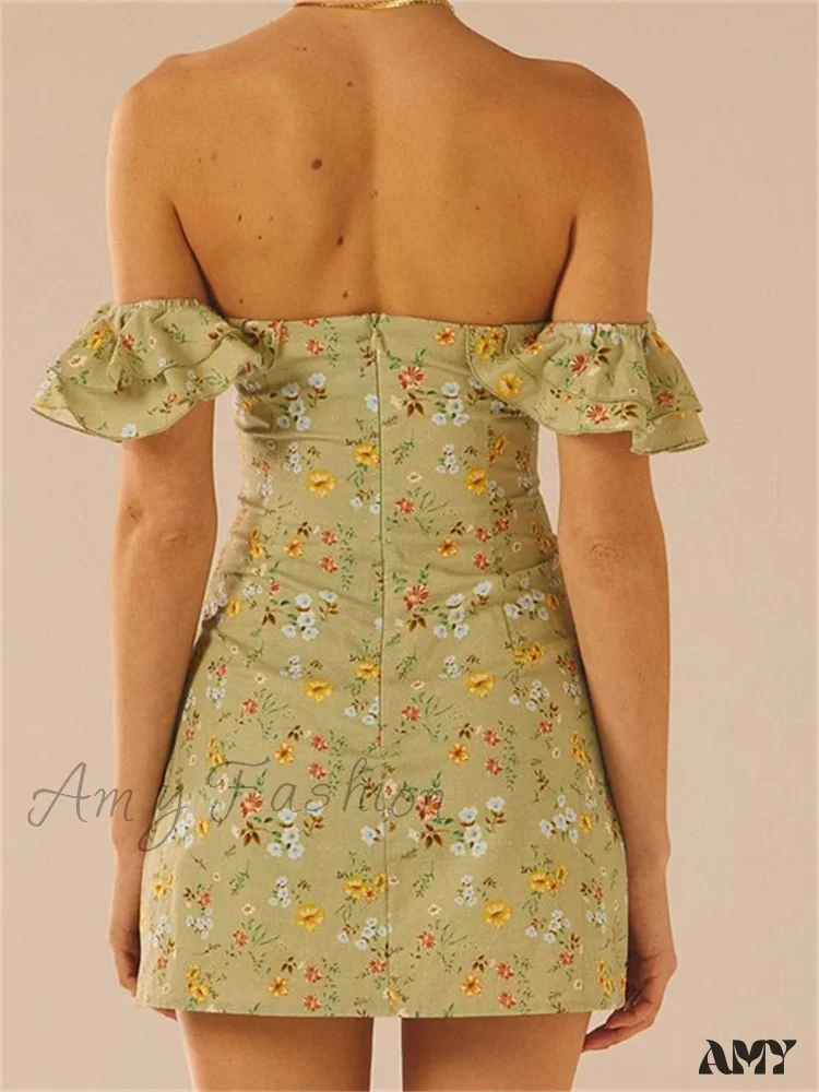 Amy Fashion - Off Shoulder Casual Sleeveless Floral Print Ruffle Trim Mini Dress - Image 4