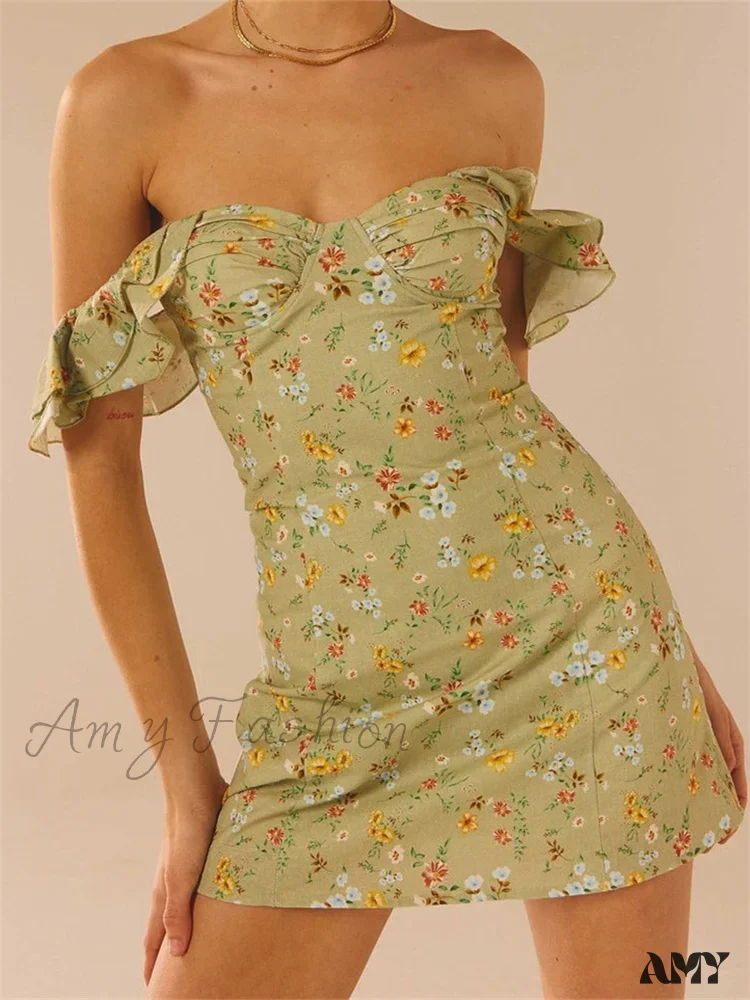 Amy Fashion - Off Shoulder Casual Sleeveless Floral Print Ruffle Trim Mini Dress - Image 5