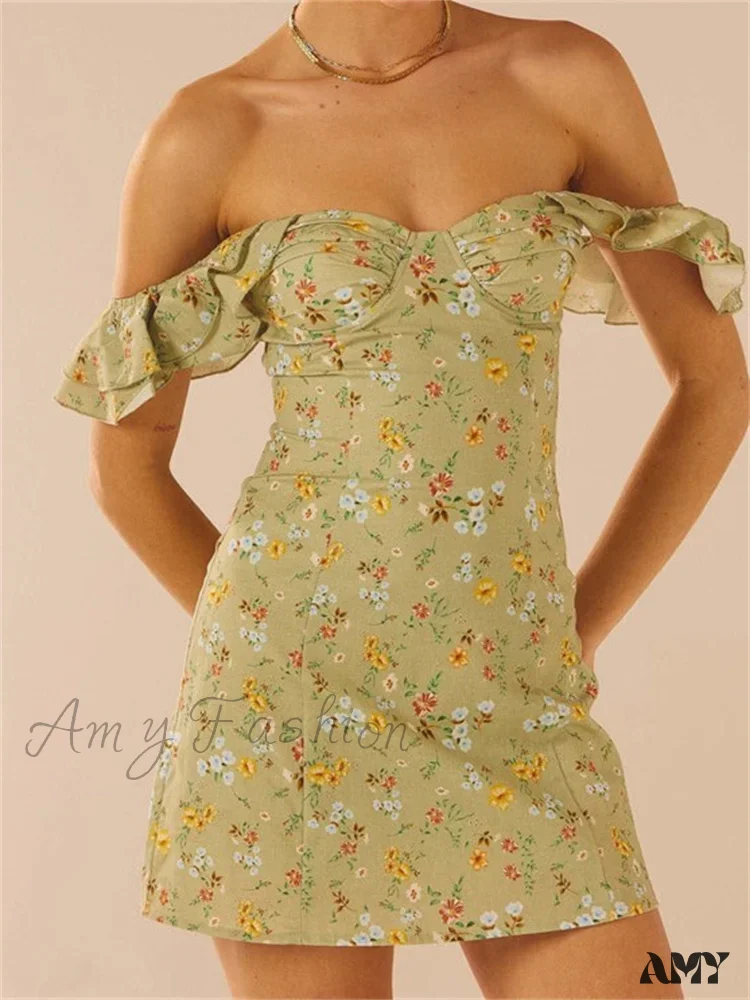 Amy Fashion - Off Shoulder Casual Sleeveless Floral Print Ruffle Trim Mini Dress - Image 6