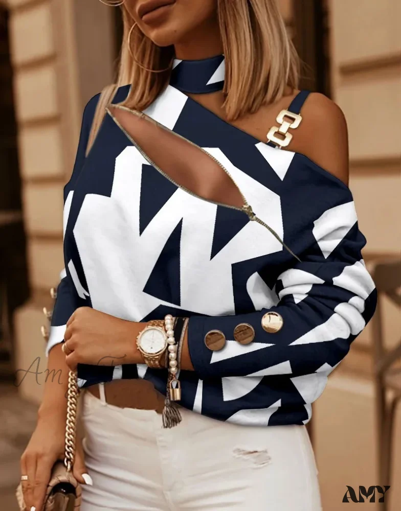 Off Shoulder Halter Neck Fashion Print Zipper Looses Blouse - Image 12