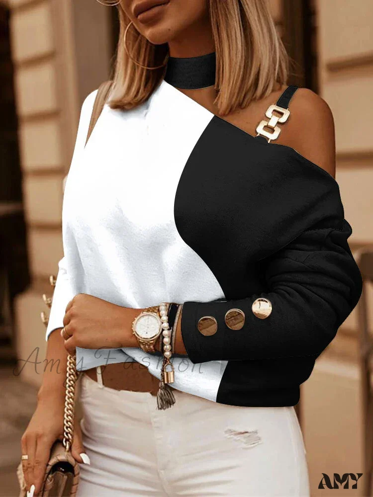 Off Shoulder Halter Neck Fashion Print Zipper Looses Blouse - Image 14