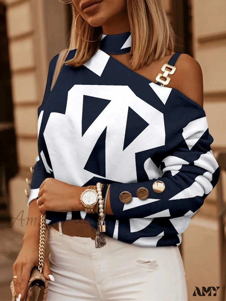 Off Shoulder Halter Neck Fashion Print Zipper Looses Blouse - Image 15