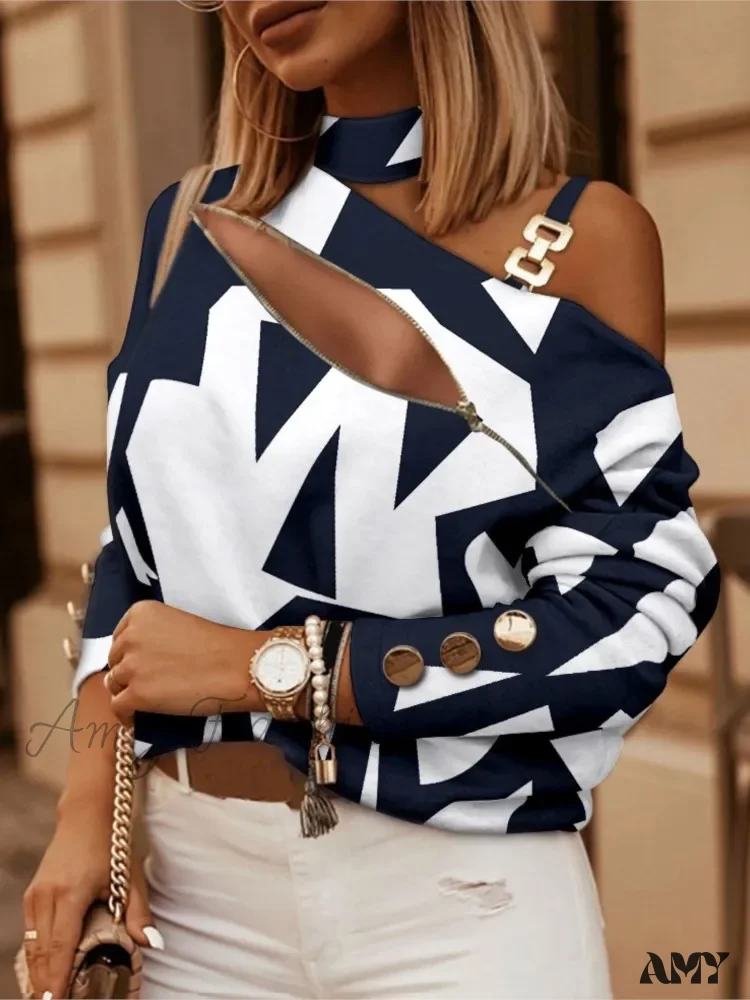 Off Shoulder Halter Neck Fashion Print Zipper Looses Blouse - Image 4