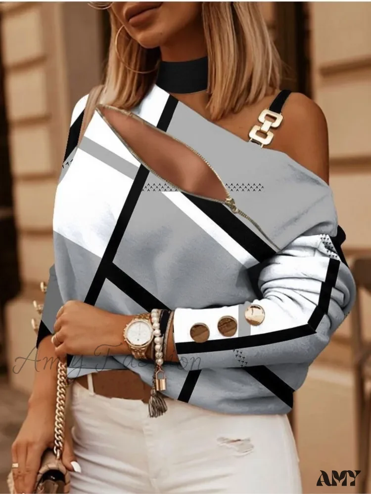Off Shoulder Halter Neck Fashion Print Zipper Looses Blouse - Image 6