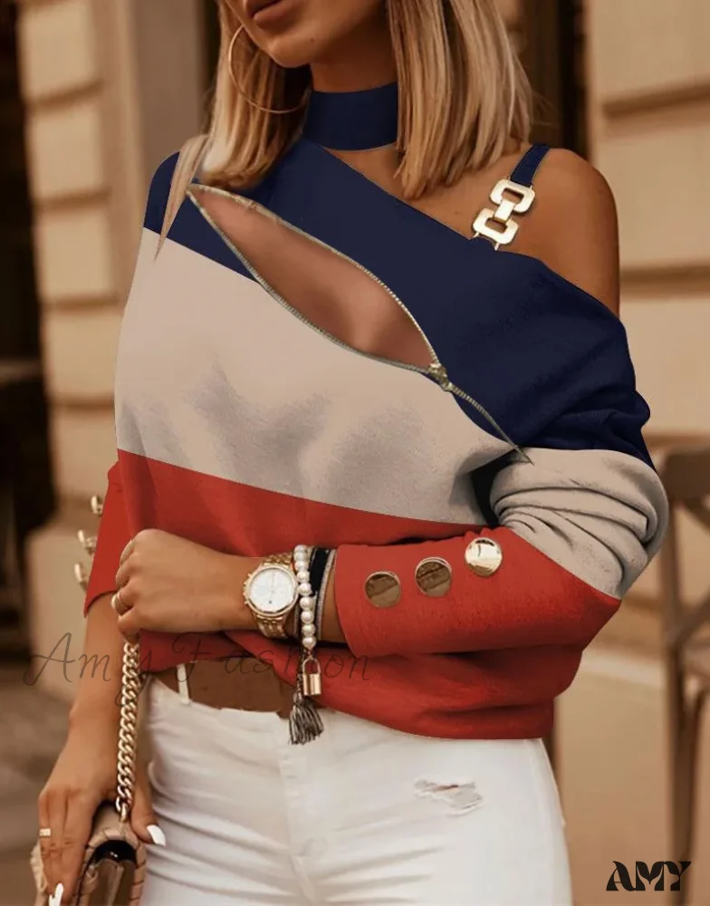 Off Shoulder Halter Neck Fashion Print Zipper Looses Blouse - Image 9