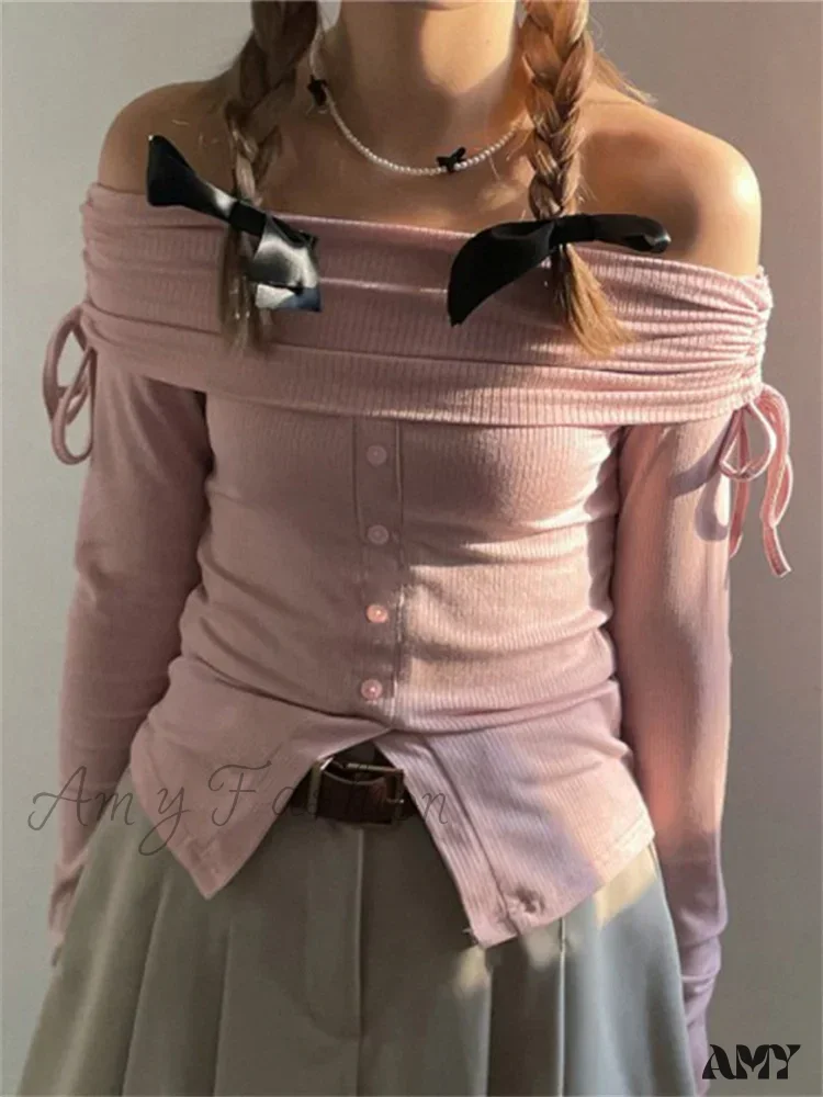 Amy Fashion - Off Shoulder Knitted Long Sleeve Solid Color Buttoned Front Split T-Shirts - Image 3