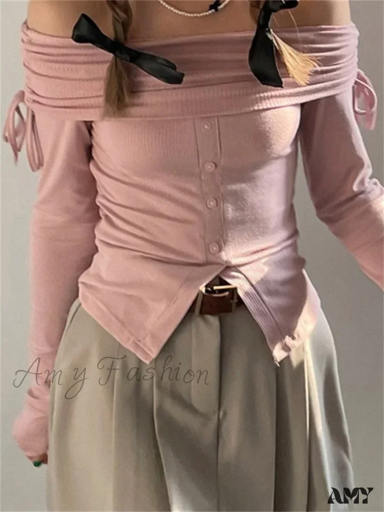 Amy Fashion - Off Shoulder Knitted Long Sleeve Solid Color Buttoned Front Split T-Shirts - Image 4