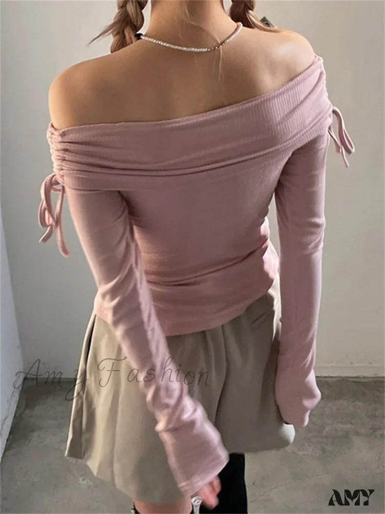 Amy Fashion - Off Shoulder Knitted Long Sleeve Solid Color Buttoned Front Split T-Shirts - Image 5