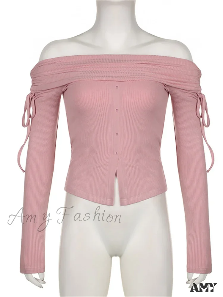 Amy Fashion - Off Shoulder Knitted Long Sleeve Solid Color Buttoned Front Split T-Shirts - Image 6