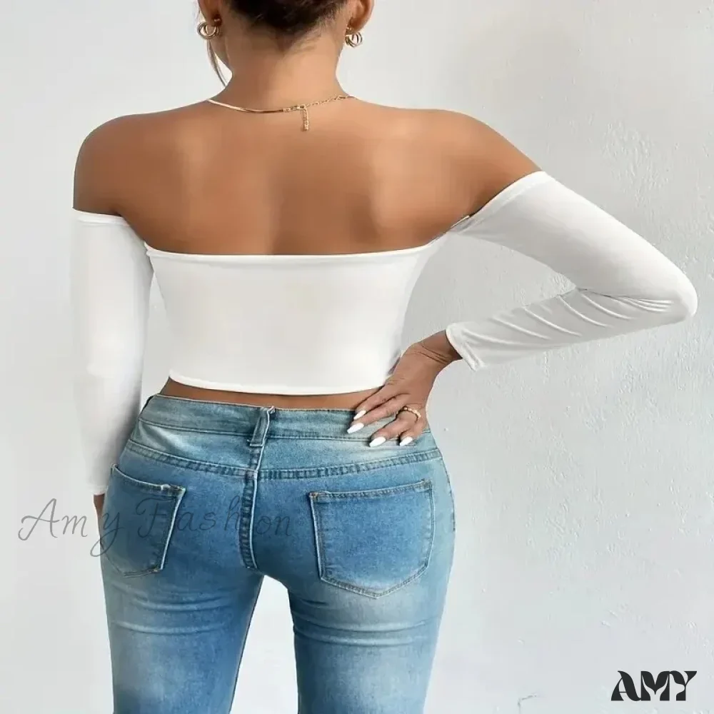 Off Shoulder Long Sleeve Casual Spring Fall Women's Crop Top - Image 3