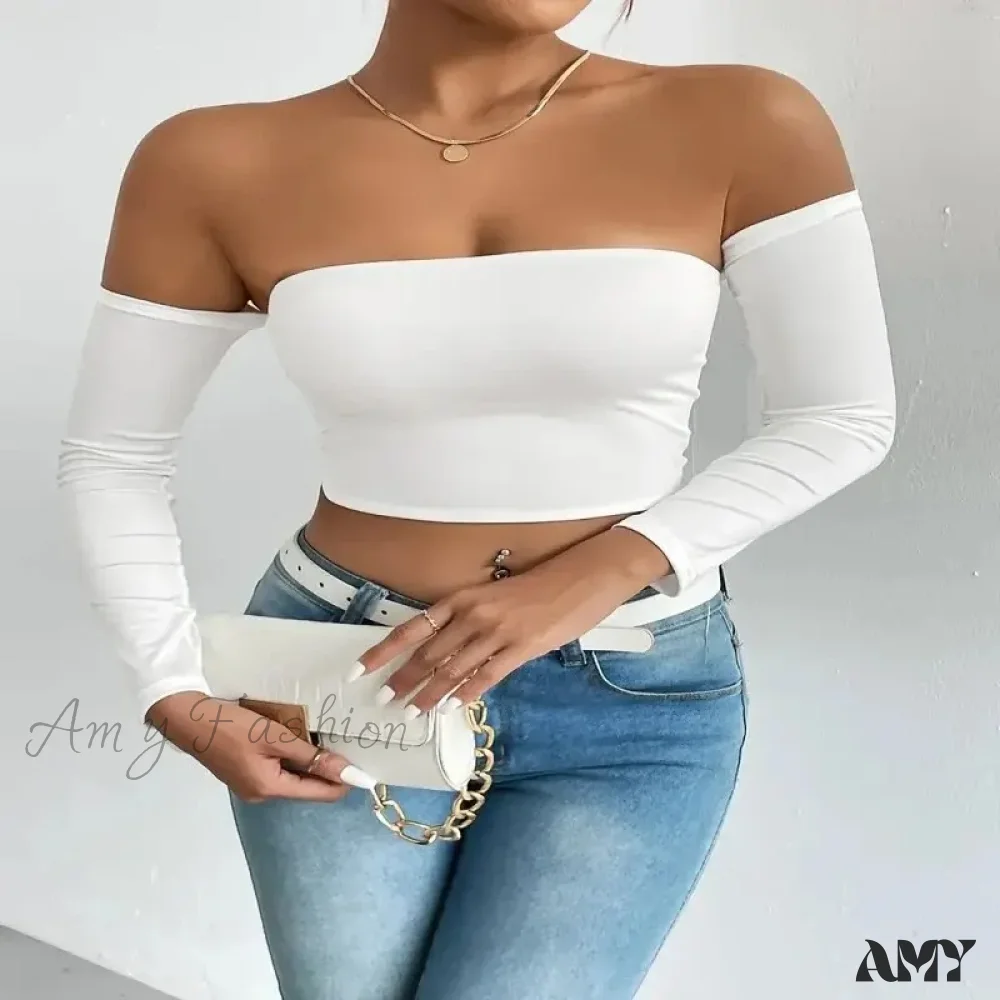 Off Shoulder Long Sleeve Casual Spring Fall Women's Crop Top - Image 4
