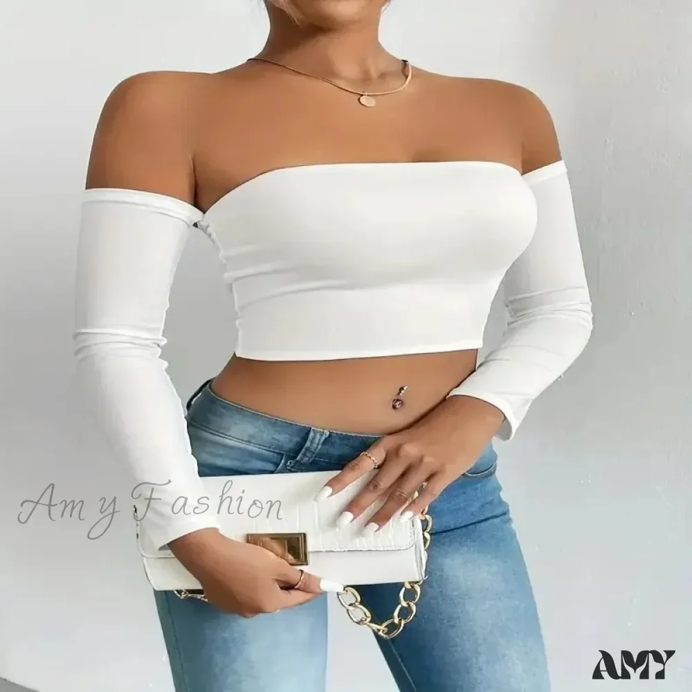 Off Shoulder Long Sleeve Casual Spring Fall Women's Crop Top - Image 5