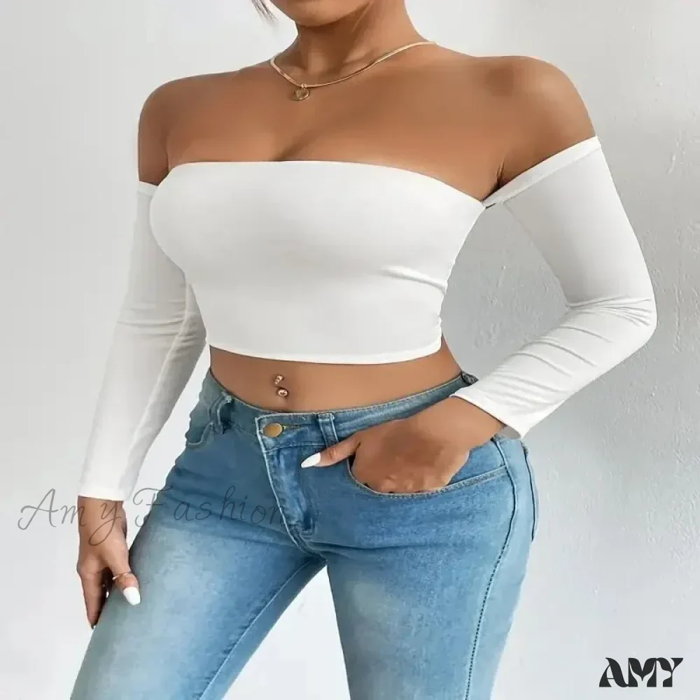 Off Shoulder Long Sleeve Casual Spring Fall Women's Crop Top - Image 6