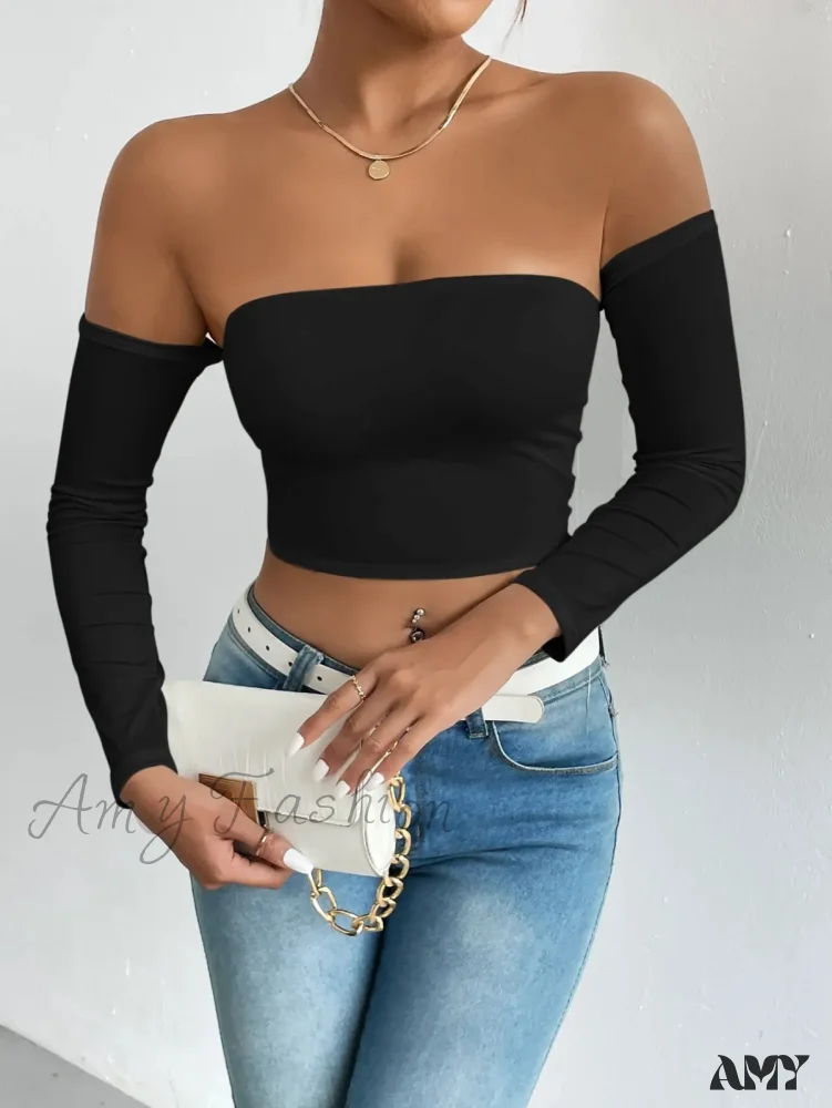 Off Shoulder Long Sleeve Casual Spring Fall Women's Crop Top - Image 7