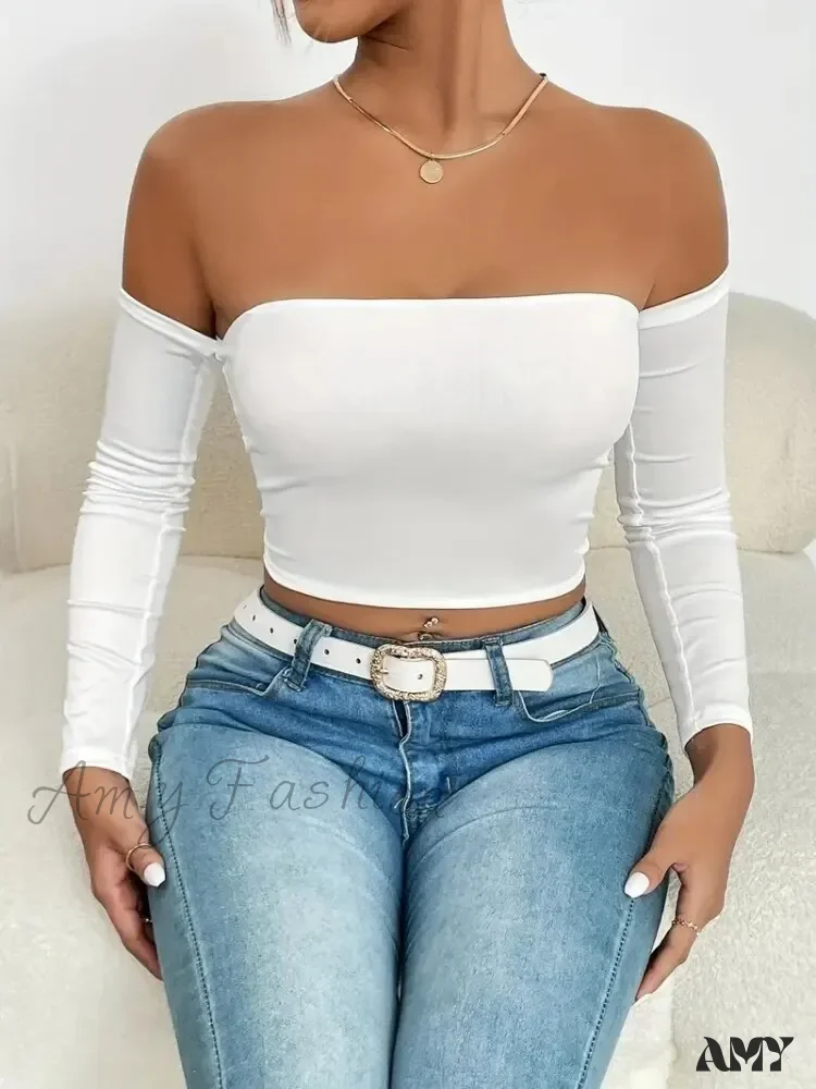Off Shoulder Long Sleeve Casual Spring Fall Women's Crop Top - Image 8