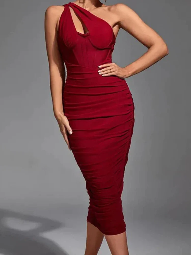 One Shoulder Ruched Bodycon Midi Dress - Image 10