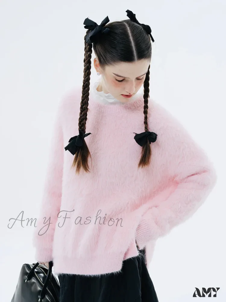 Original Design Winter Warm Round Neck Pink Fashion Sweater - Image 3
