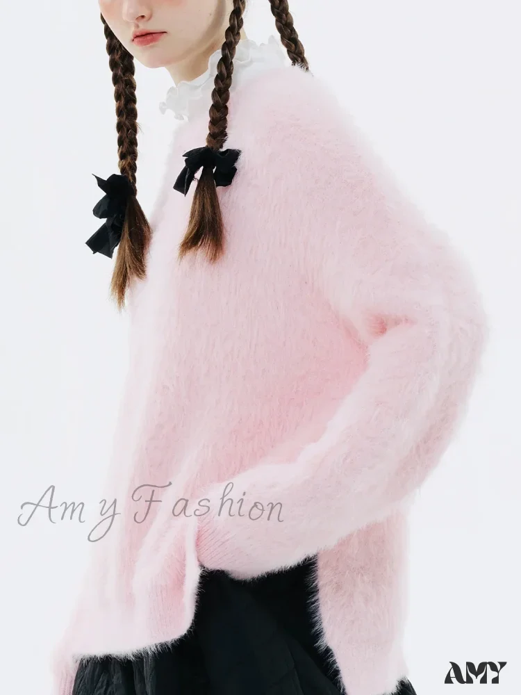 Original Design Winter Warm Round Neck Pink Fashion Sweater - Image 4