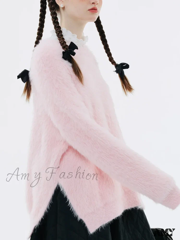 Original Design Winter Warm Round Neck Pink Fashion Sweater - Image 5