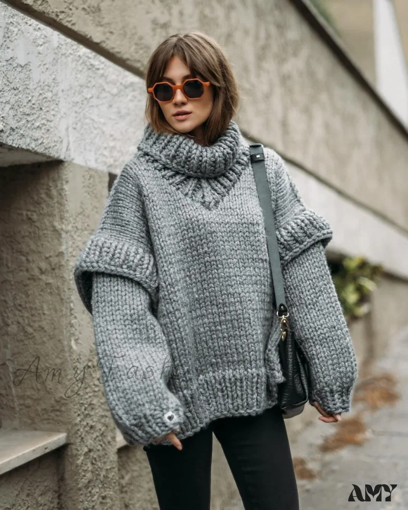 Oversize Knit Women Puffy Pullover Lantern Sleeve Warm Thick Stylish Cozy Casual Chic Sweater - Image 10