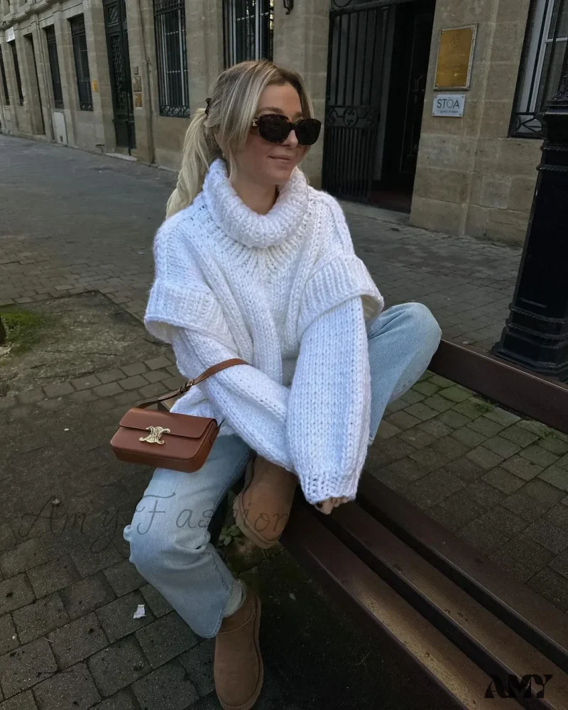 Oversize Knit Women Puffy Pullover Lantern Sleeve Warm Thick Stylish Cozy Casual Chic Sweater - Image 12