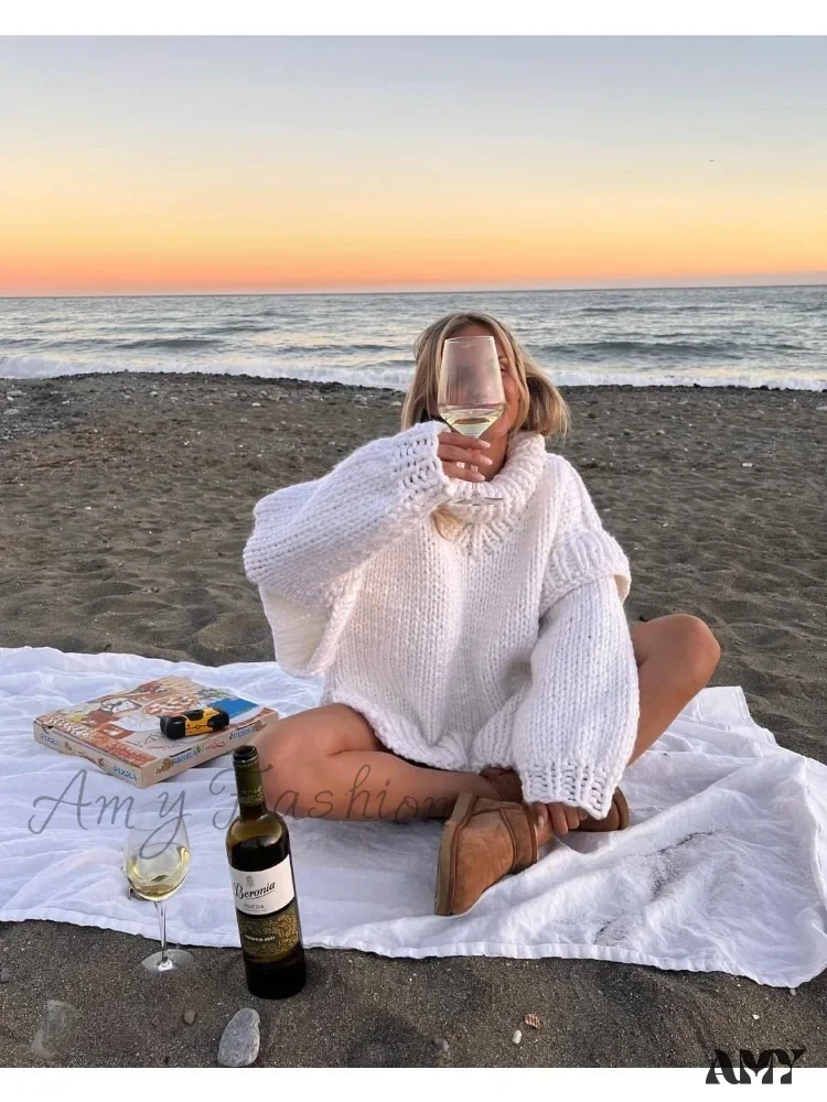 Oversize Knit Women Puffy Pullover Lantern Sleeve Warm Thick Stylish Cozy Casual Chic Sweater - Image 2