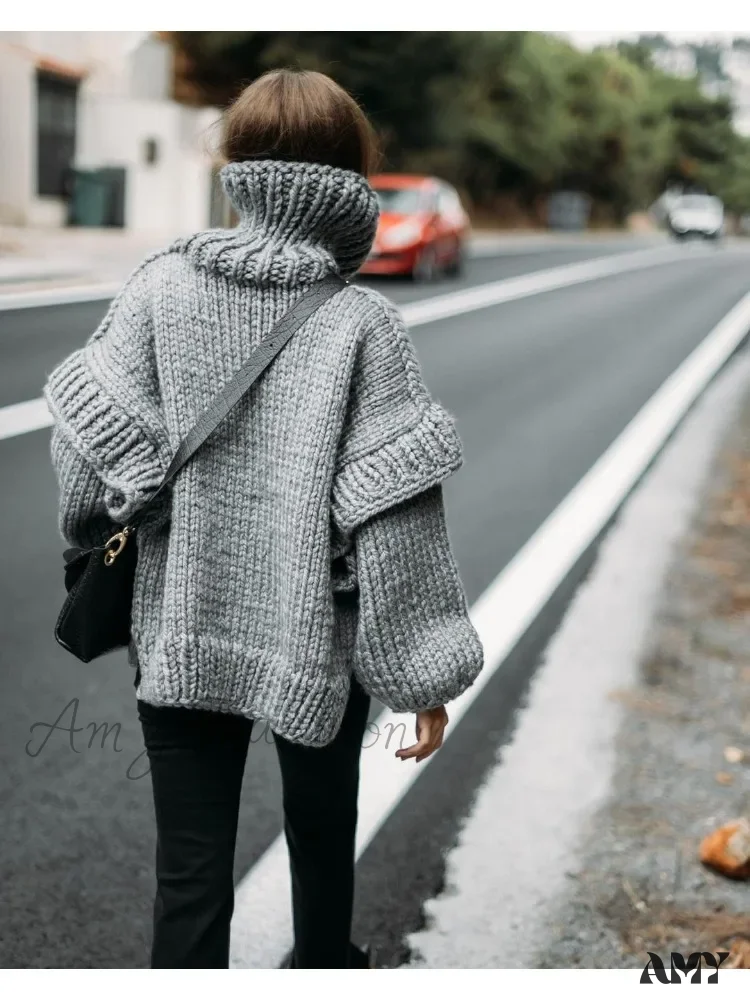 Oversize Knit Women Puffy Pullover Lantern Sleeve Warm Thick Stylish Cozy Casual Chic Sweater - Image 3