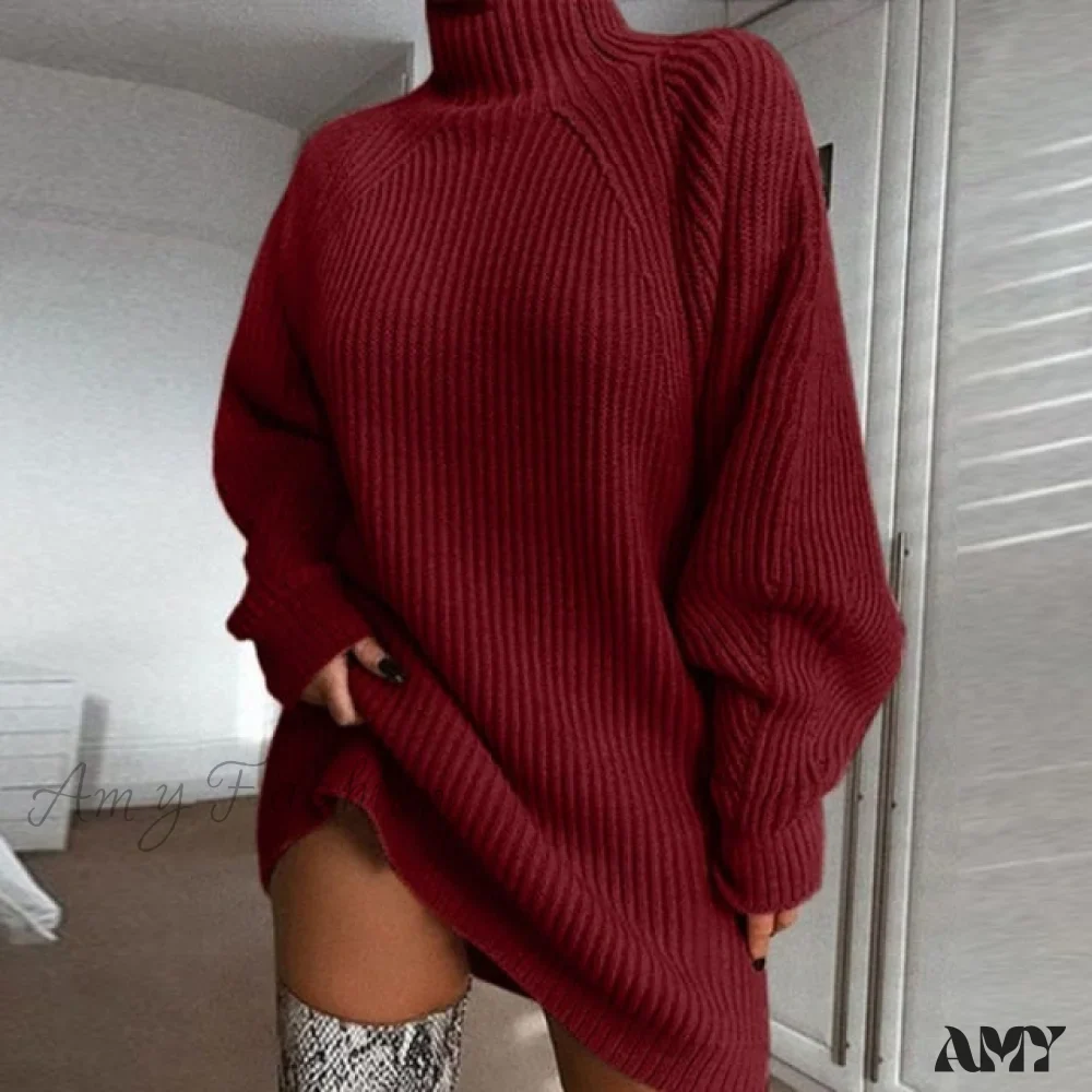 Amy Fashion - Oversized Solid Long Sleeve Elegant Mini Sweater Dress - Image 4