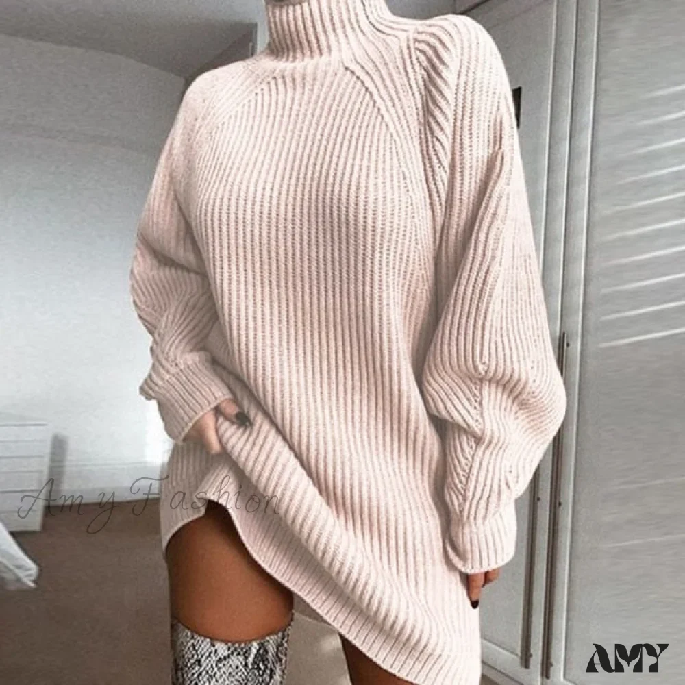 Amy Fashion - Oversized Solid Long Sleeve Elegant Mini Sweater Dress - Image 5