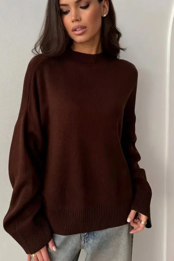 Oversized Crewneck Solid Knit Sweater - Image 3