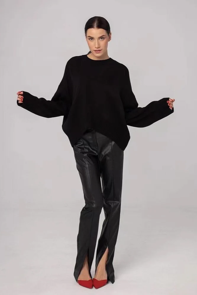 Oversized Crewneck Solid Knit Sweater - Image 4