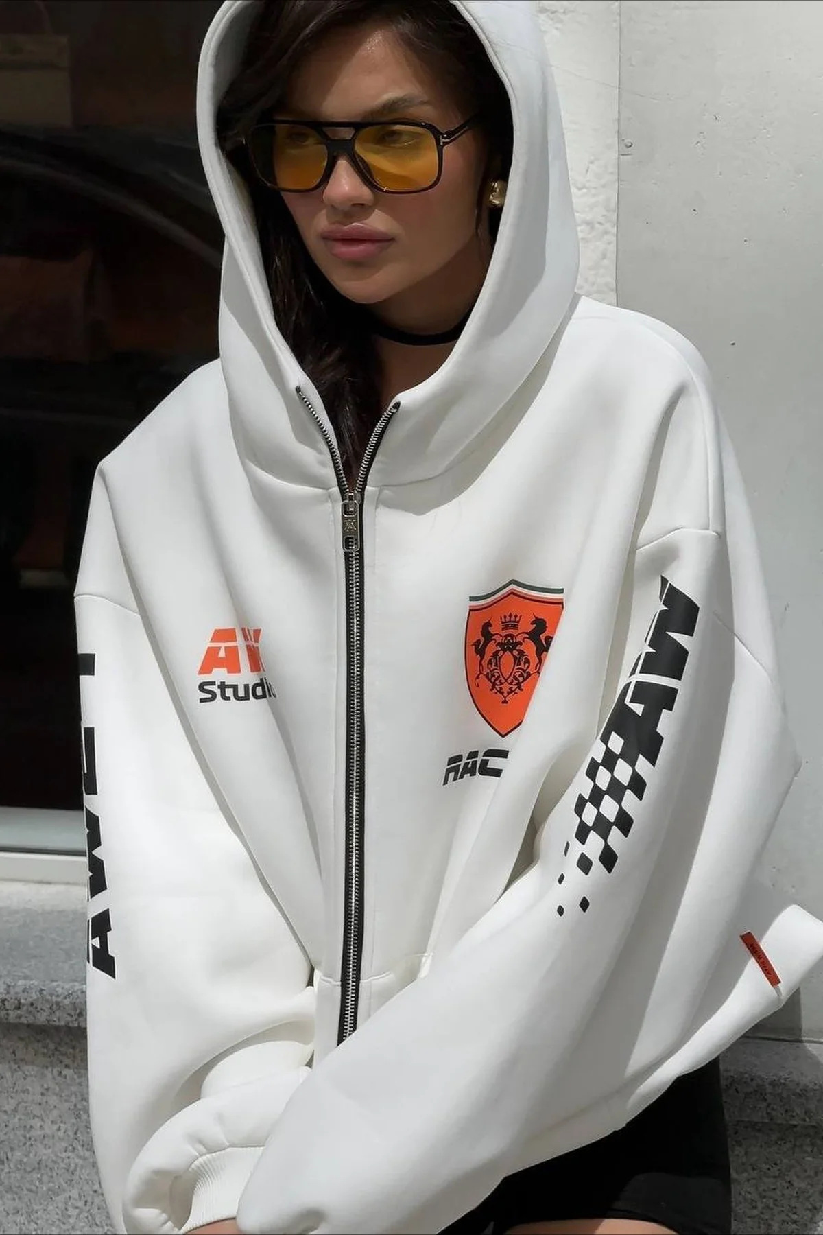 Oversized Zip-Up Logo Letter Print Hoodie - Image 3