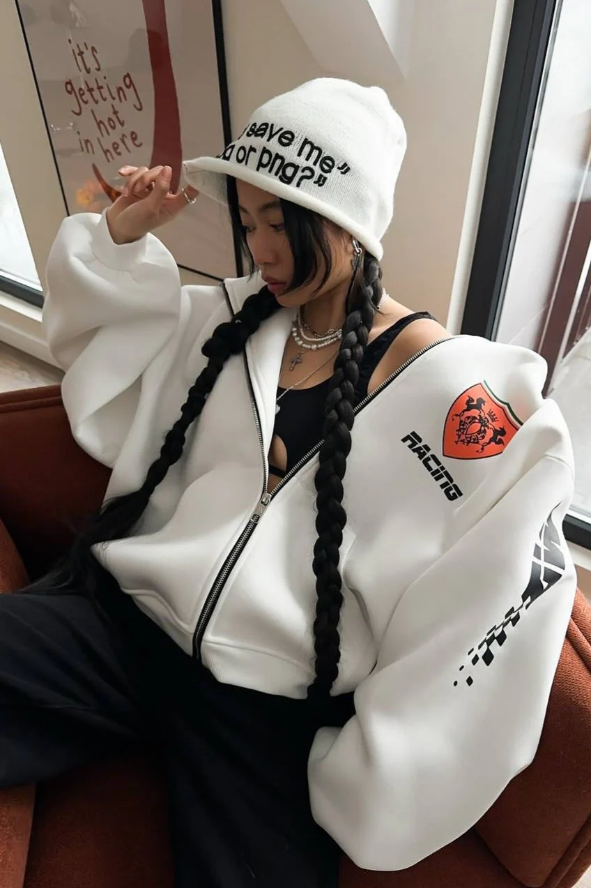 Oversized Zip-Up Logo Letter Print Hoodie - Image 6