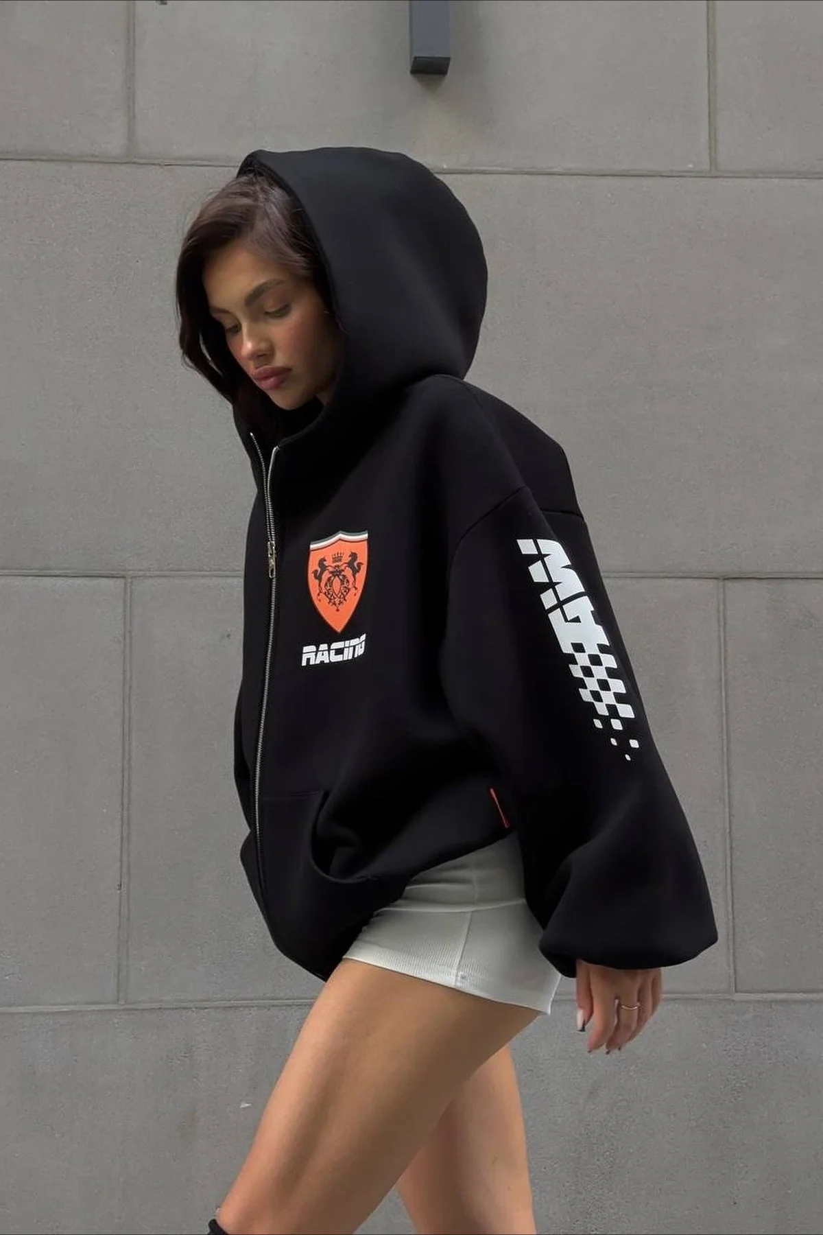 Oversized Zip-Up Logo Letter Print Hoodie - Image 7