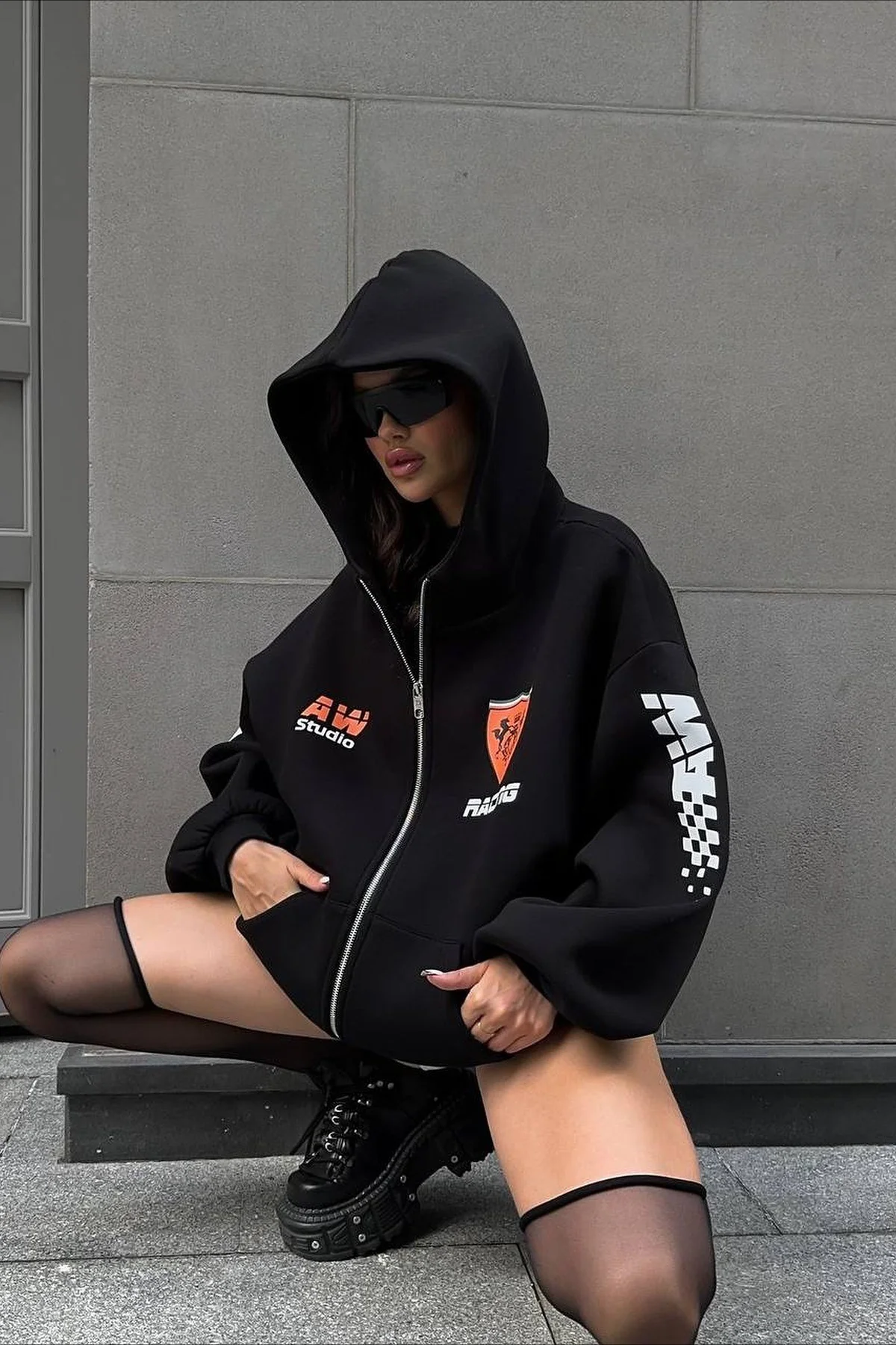 Oversized Zip-Up Logo Letter Print Hoodie - Image 8