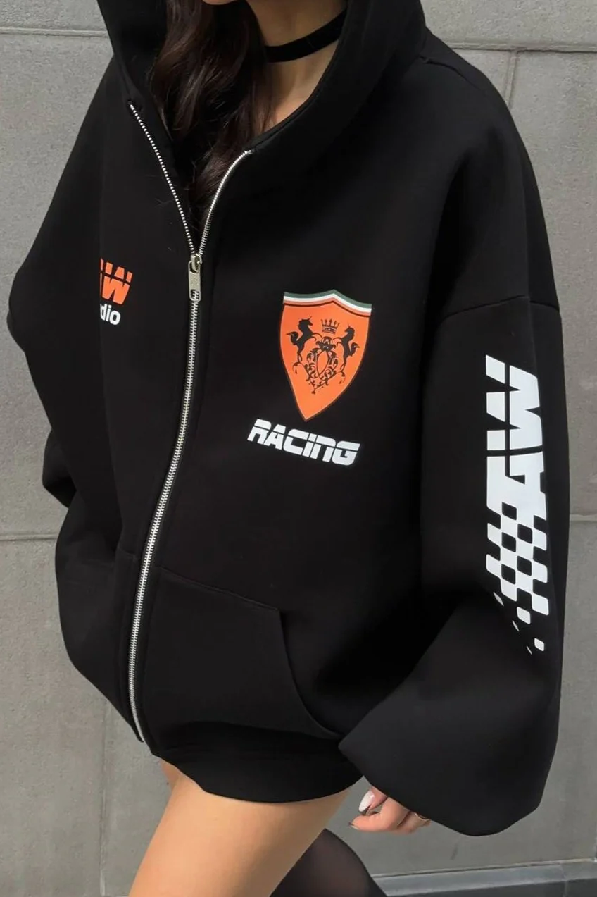 Oversized Zip-Up Logo Letter Print Hoodie - Image 9
