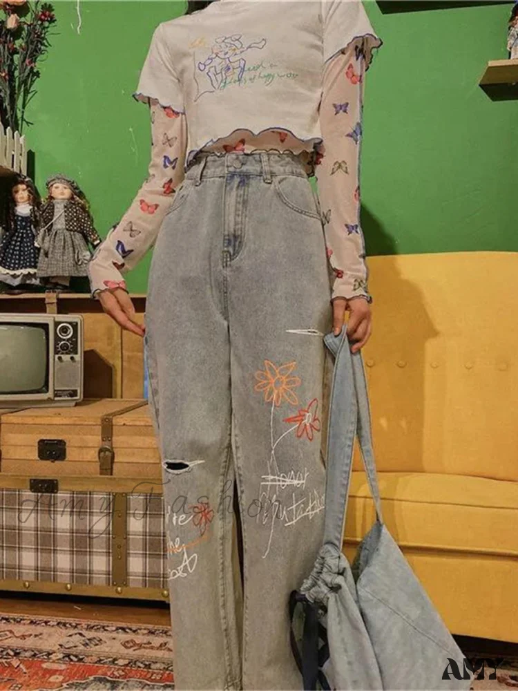 Amy Fashion - Letter Flower Print Ripped Jeans - Image 3