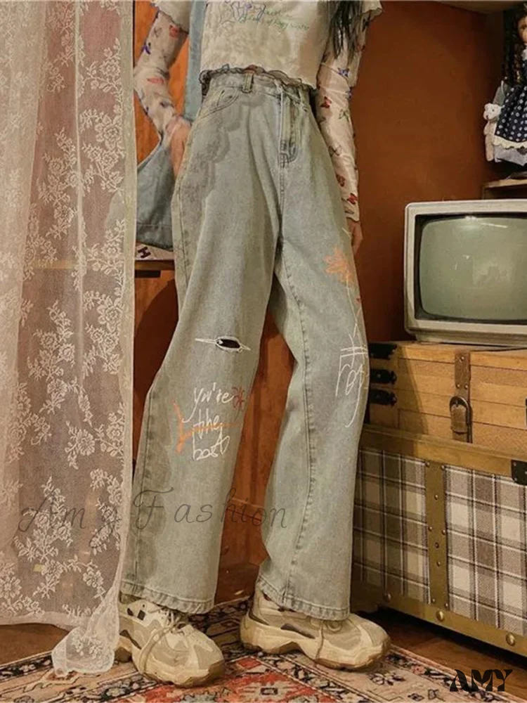 Amy Fashion - Letter Flower Print Ripped Jeans - Image 6